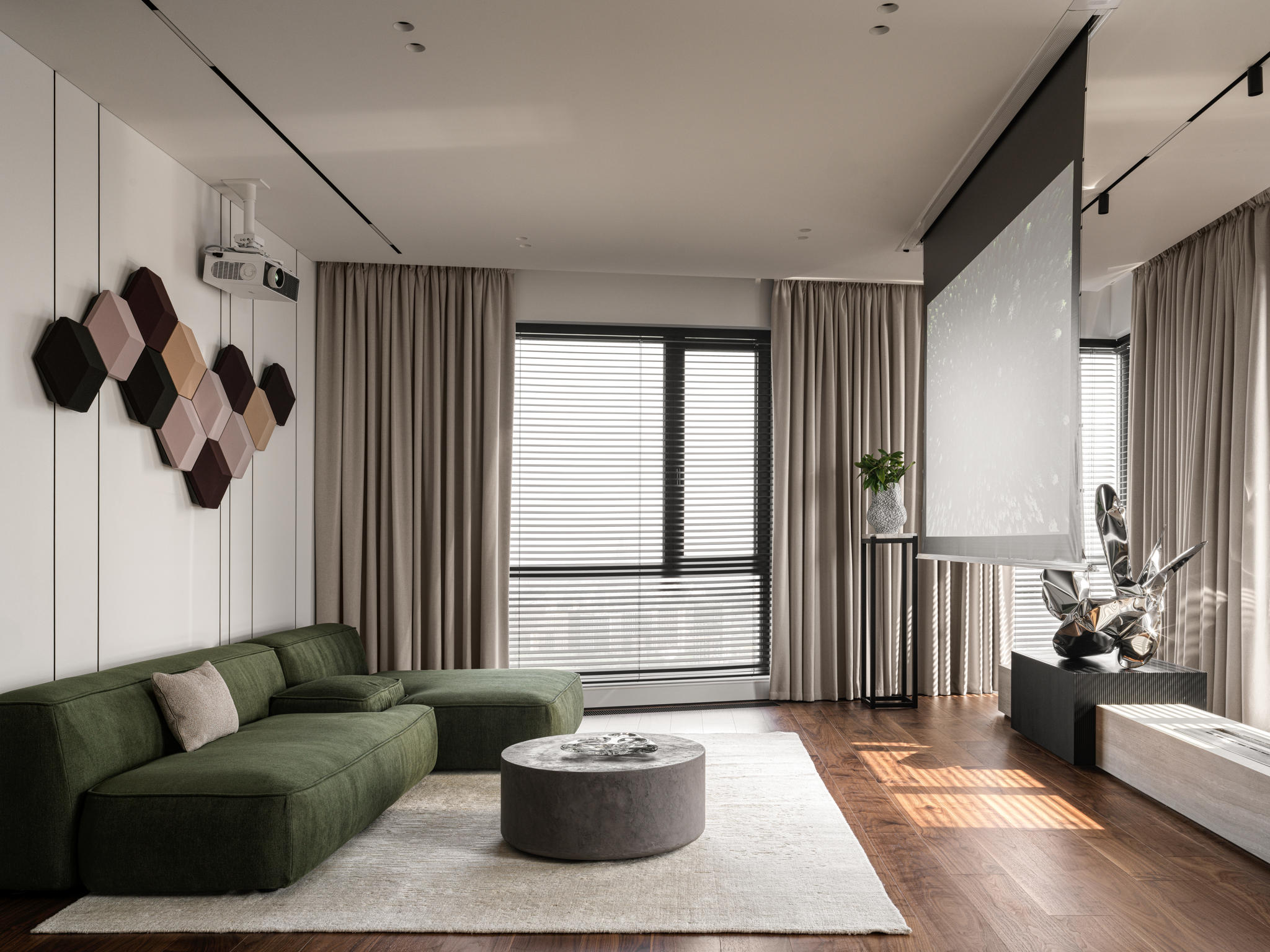 Family apartment with a yoga room, art studio, and decorative rock in the master bedroom by Planka Bureau